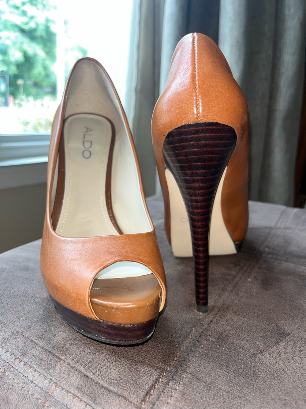 Aldo Cognac Peep-Toe Platform Stiletto Heels